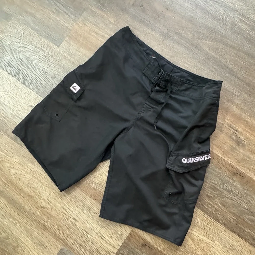 Quicksilver Black Cargo Board Shorts Swim Trunks Mens Surfer Skater